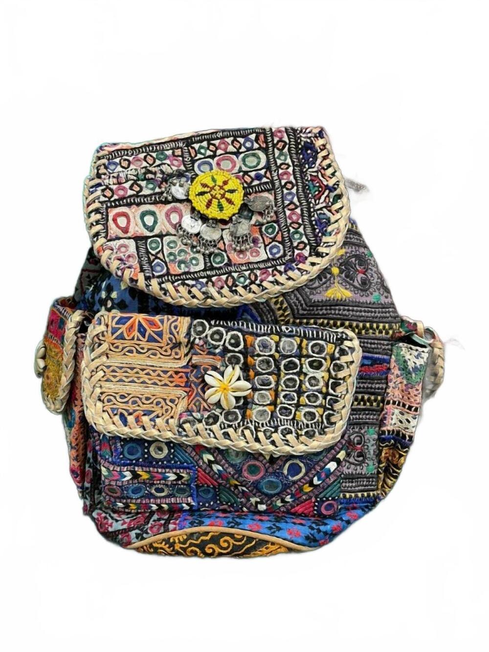 NEW KANTHA BAE women's upcycled embroidered market backpack in boho skies